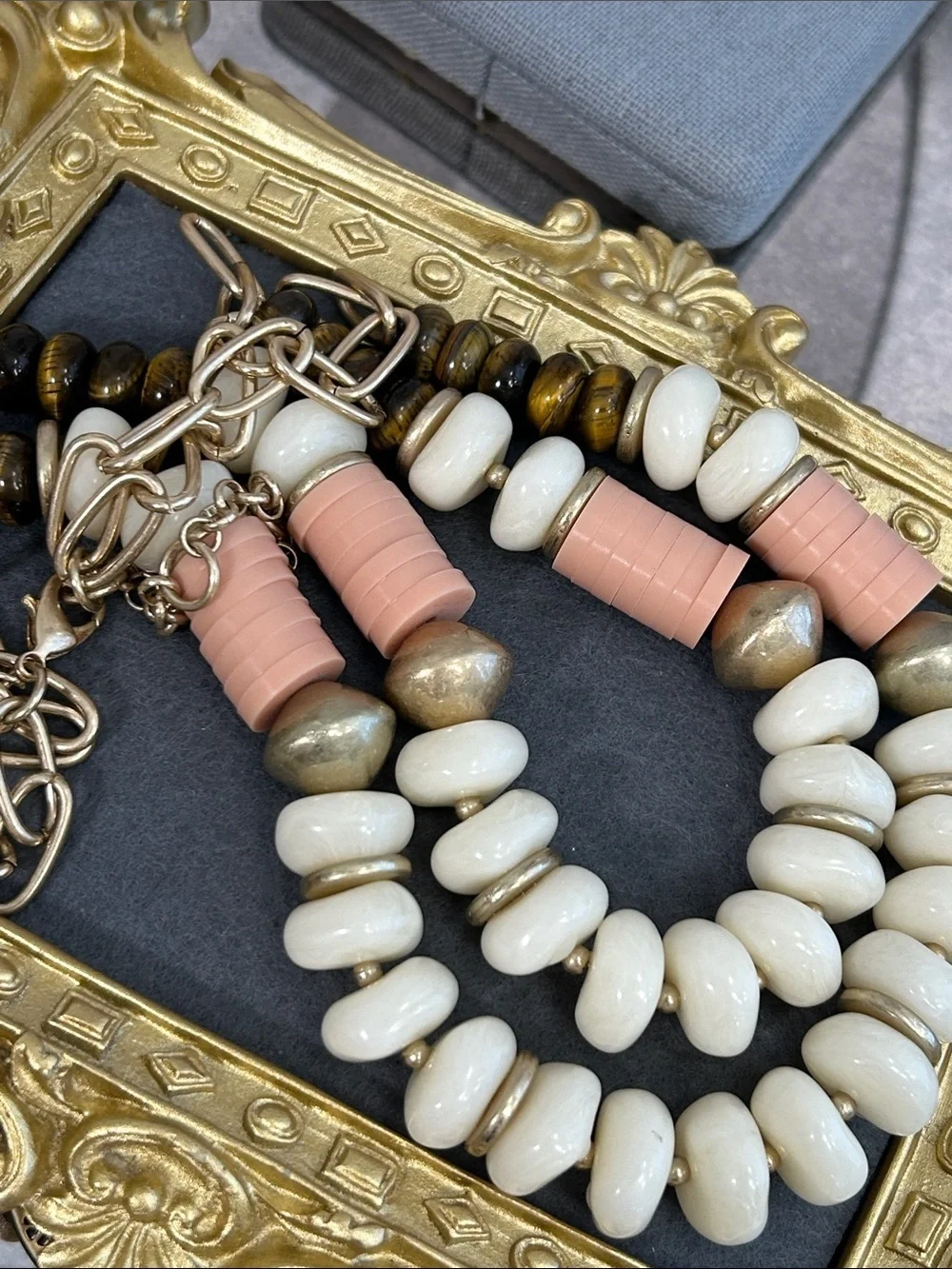 Banana Republic Cream, Peach & Tigers Eye Stone Double Strand Beaded Necklace